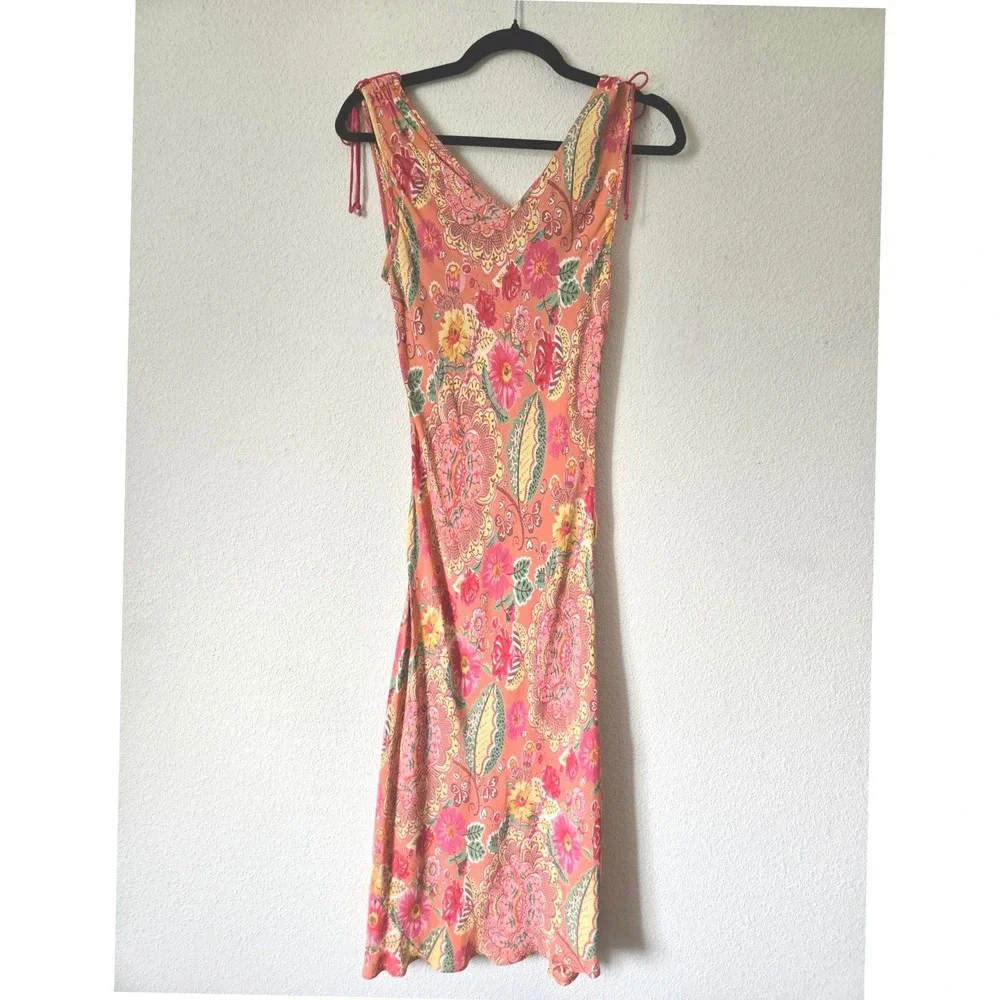 Angie Floral Paisley Boho Midi Slip Dress Sleeveless Shoulder Ties M Y2K 90s - Picture 8 of 8